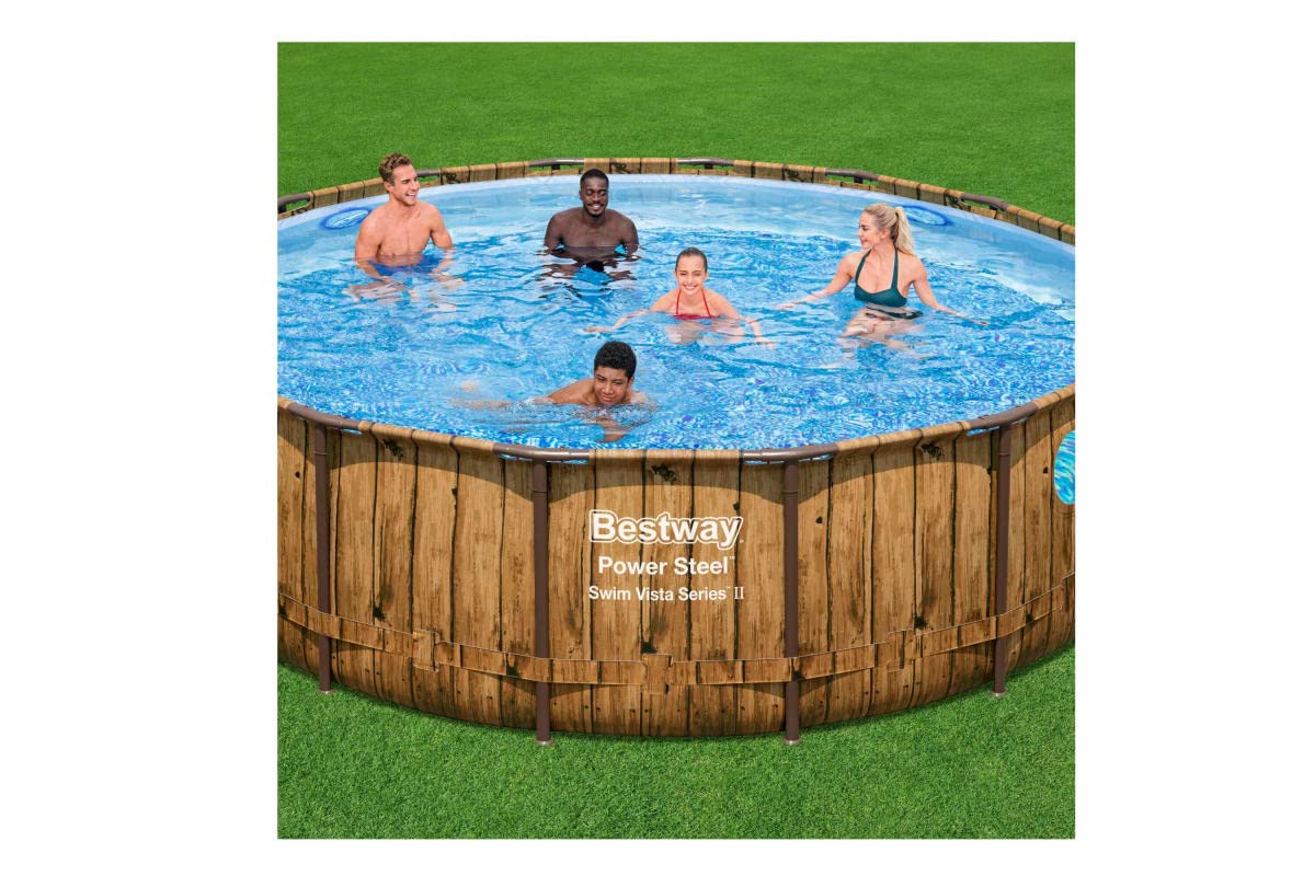 Bestway Power Steel Swim Vista Series Frame Pool Komplett-Set mit Filterpumpe Ø 488 x 122 cm, Holz-Optik (Pinie), rund