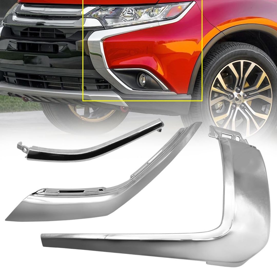 LH Front Bumper Trim Molding Strip Compatible with 2016-2019 Mitsubishi Outlander, Chrome Left Driver Side Trim Strip Molding Set 3 Pcs (Left/Driver Side)
