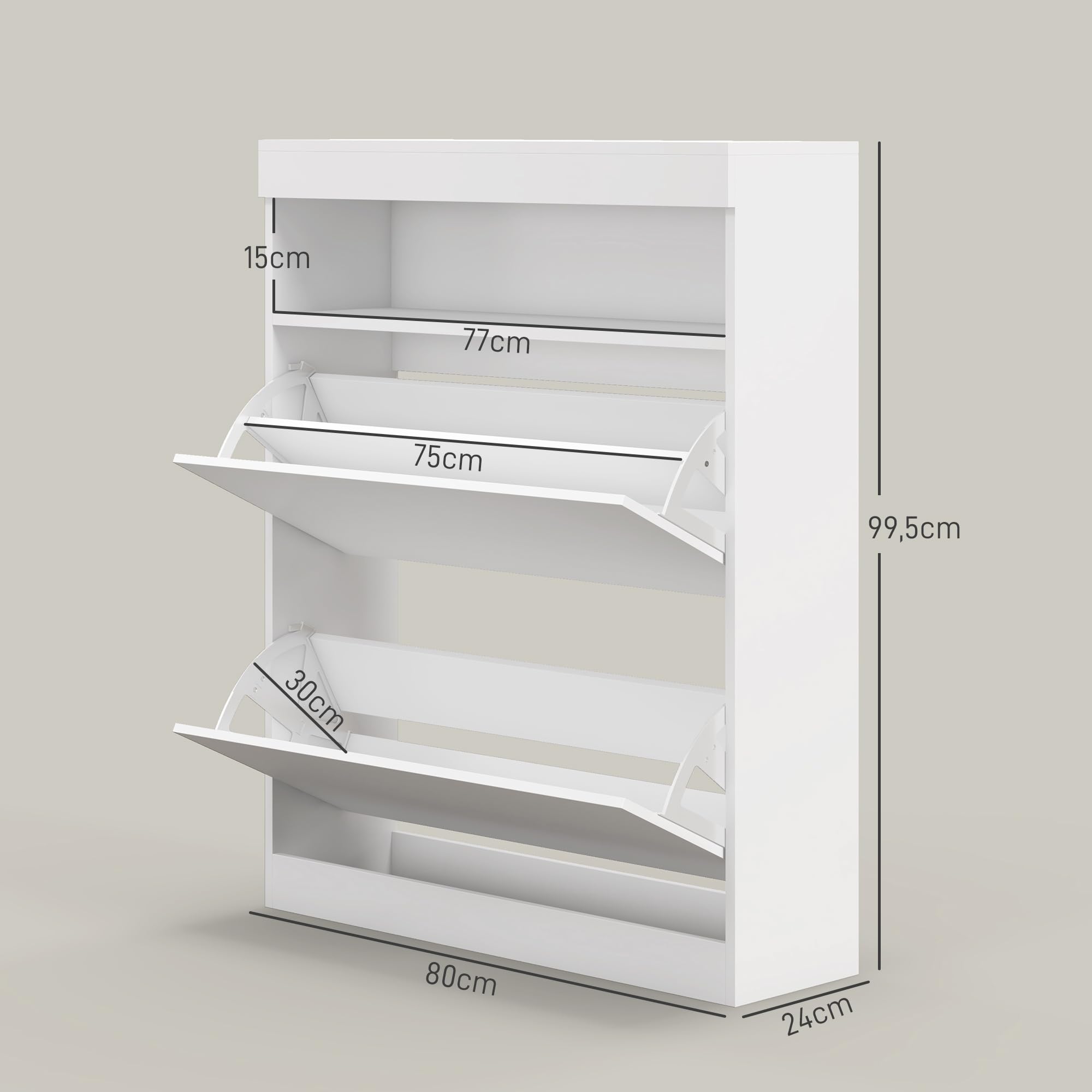 HOMCOM Mueble Zapatero de Recibidor con LED Blanco Brillo 80x24x99,5 cm | Armario Zapatero Independiente o Pared, Estante Abierto, 2 Cajones Abatibles, para 12-16 Pares de Zapatos