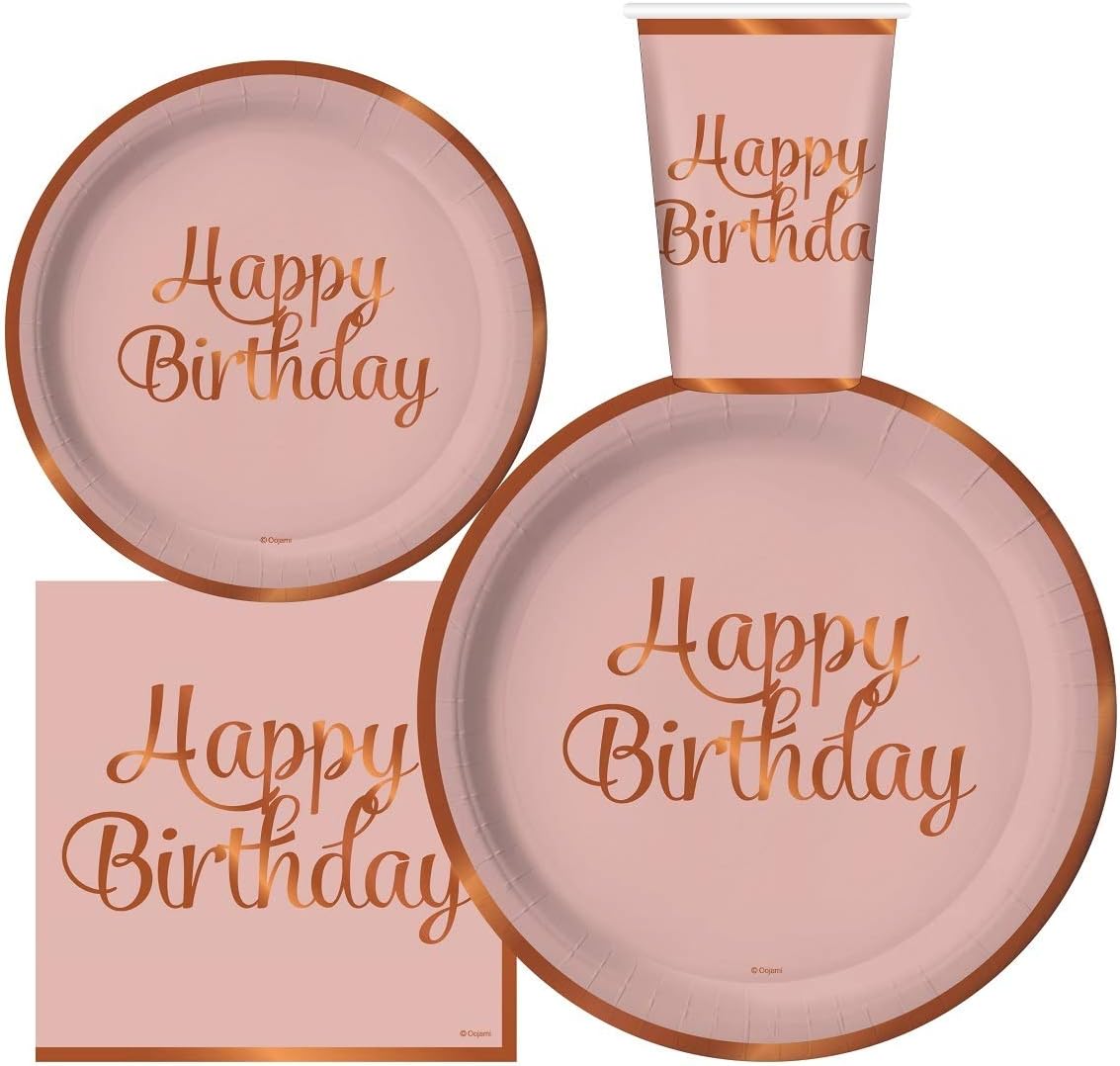 Serves 30 Complete Party Pack Happy Birthday Party Supplies 9" Dinner Paper Plates 7" Dessert Paper Plates 12 oz Cups 3 Ply Napkins Happy Birthday Party Supplies Rose Gold Foil