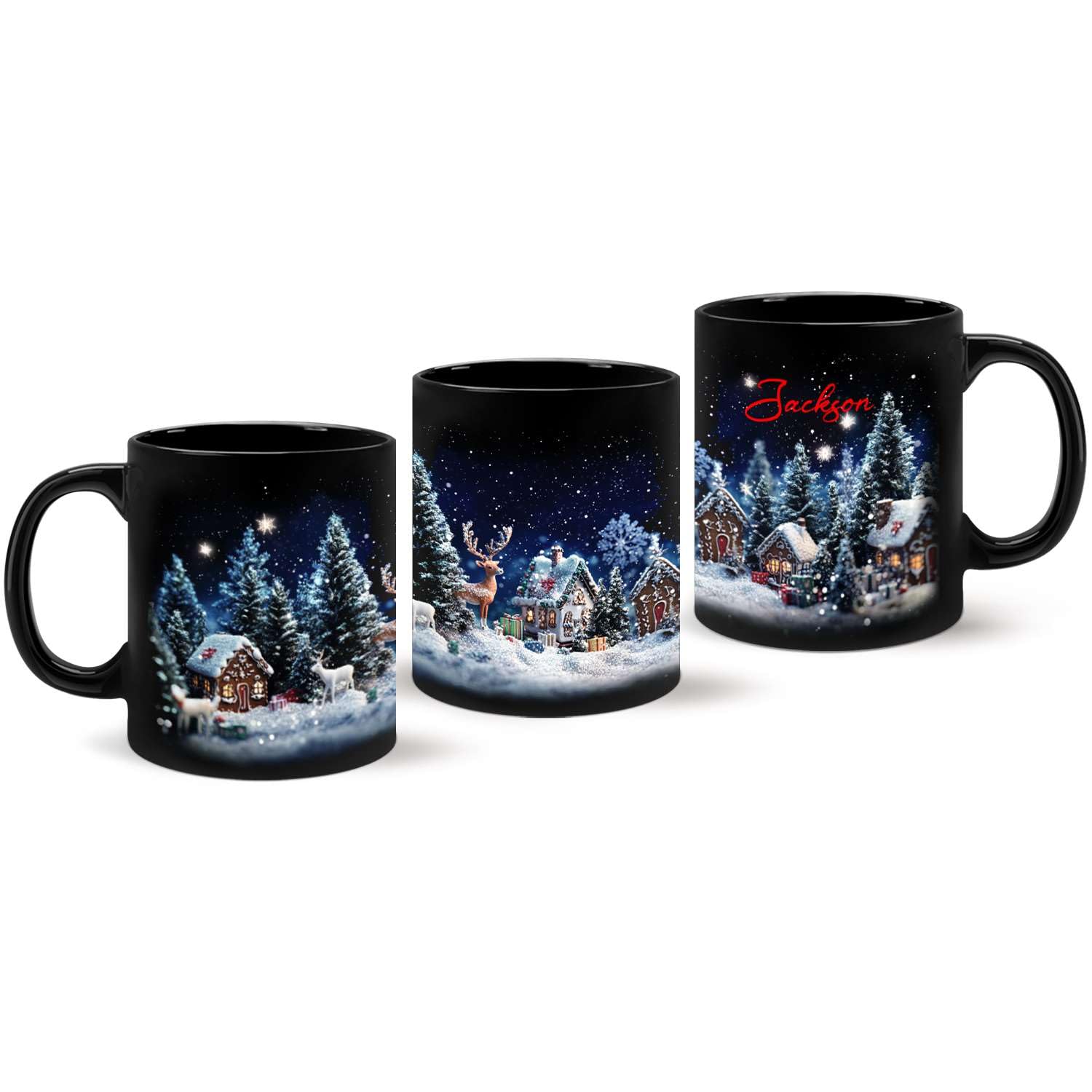 Snow Scene Ceramic Coffee Cup, Customized Name Christmas Tree Mug 11oz 15oz, Deer In Snow Black Cup, Custom Winter Full Wrap Mug