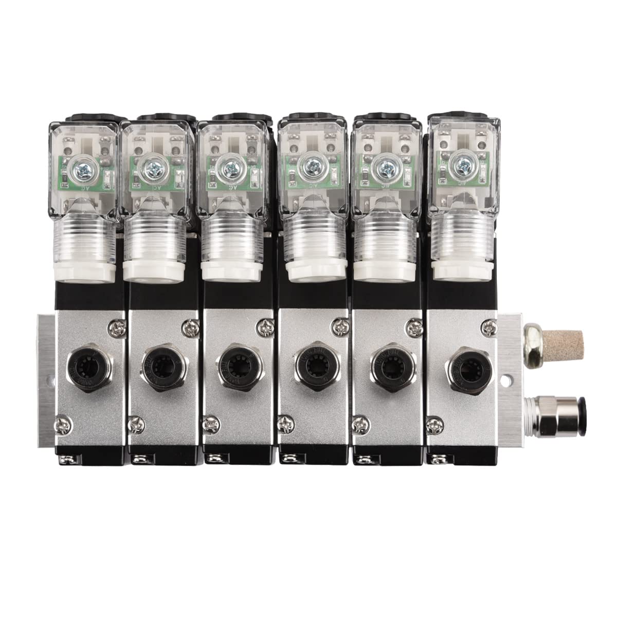 Heschen Elektryczny pneumatyczny 6 zaworów elektromagnetycznych, 3V210-08, AC220V, PT1/4, 3/2-drożny, zestaw szybkozłączki podstawy kolektora