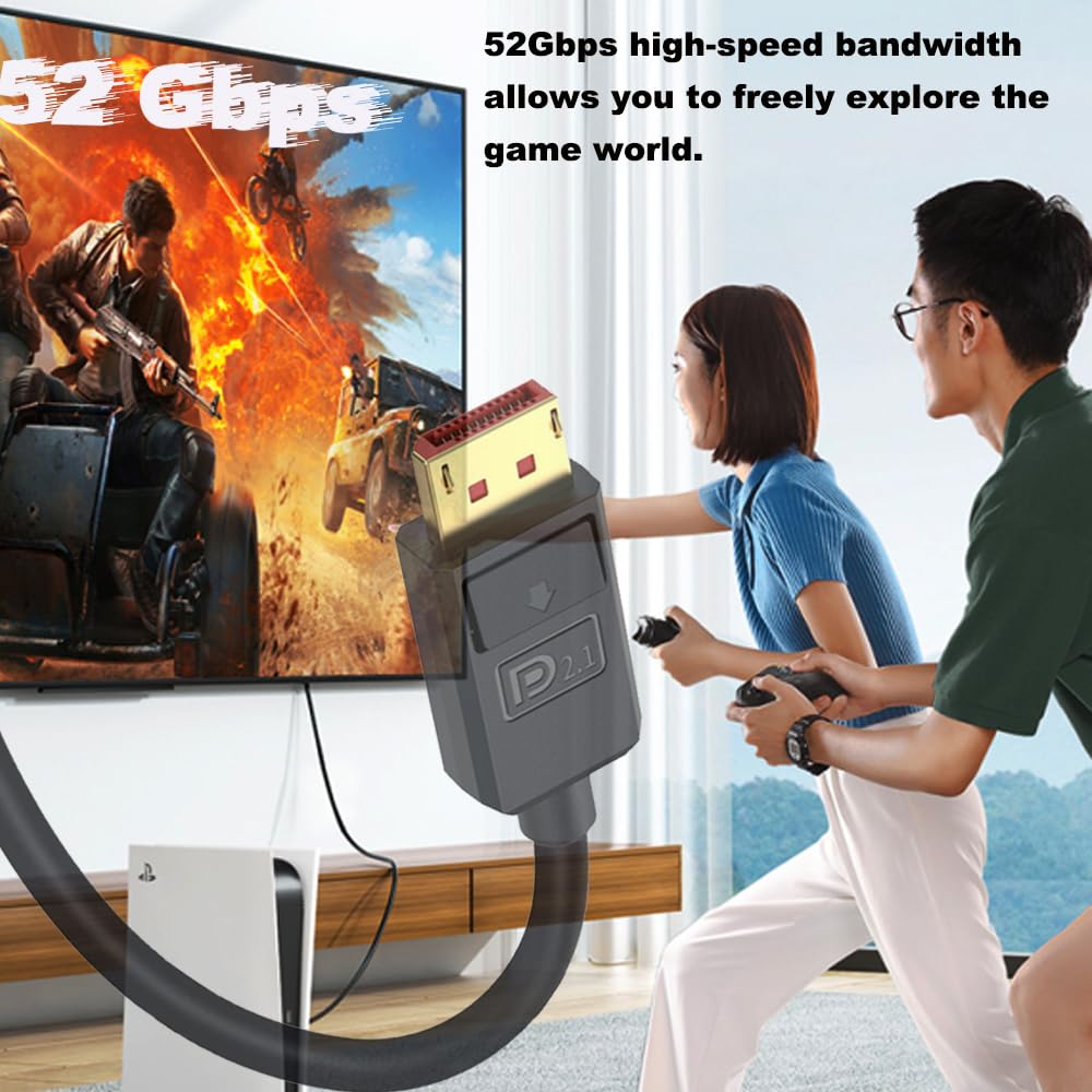 Câble DisplayPort 2.1 52 Gbit/s 1,8 m, 16K @ 30 Hz/8K @ 120 Hz/4K @ 240 Hz 165 Hz 144 Hz, 3D, HDR dynamique, Dolby eARC, angle supérieur DP mâle pour moniteur de jeu FreeSync G-Sync, PS5/4