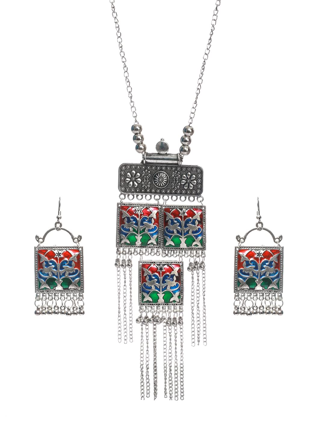 Oxidised Multicolor Square Tasseled Jewellery Set, Vibrant Style
