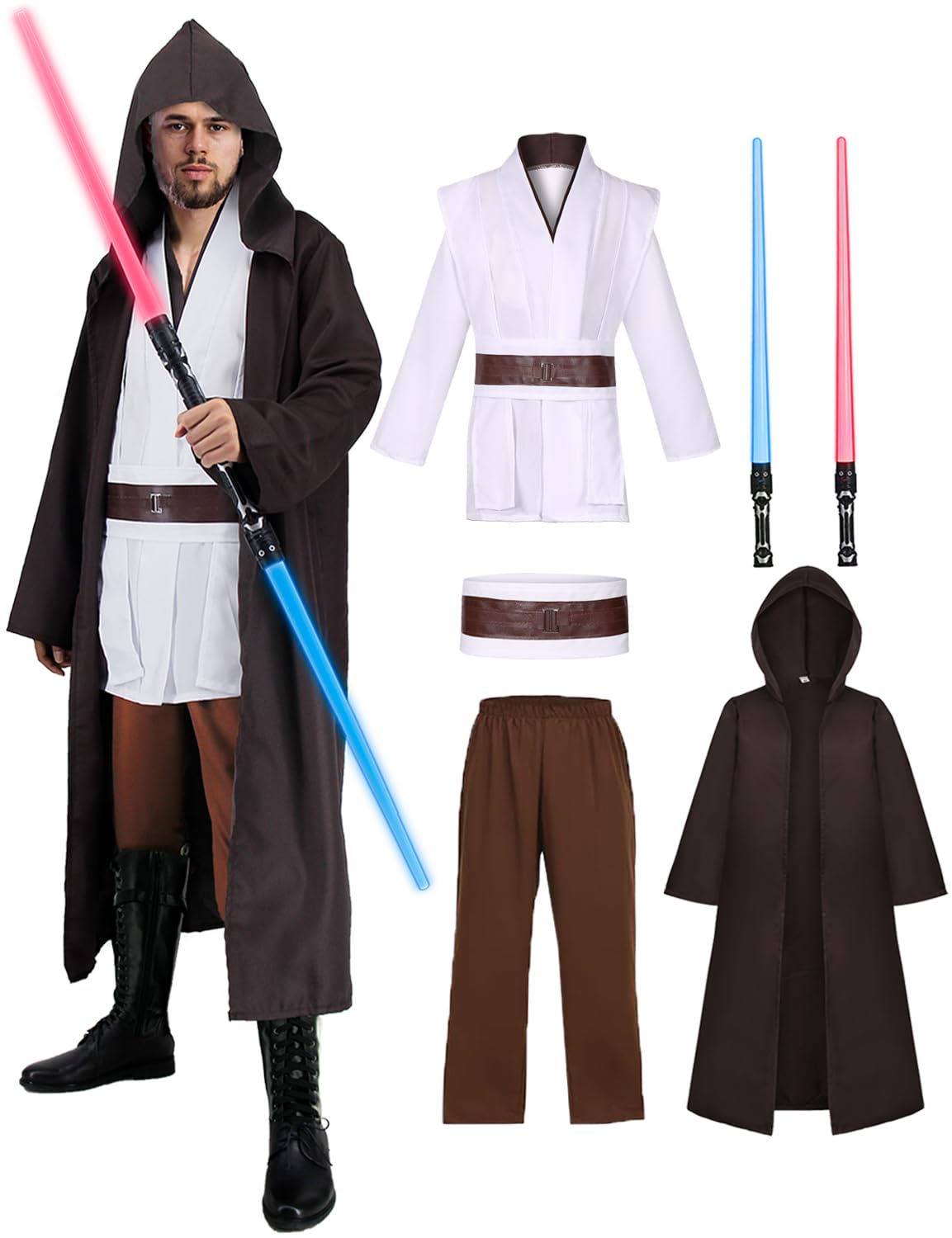FOVER Disfraz de Jedi para hombre con azul Lightsaber Obi Wan Kenobi, túnica con capucha, capa con capucha, sudaderas medievales, túnica Jedi, Halloween, carnaval, cosplay para adultos FR022XLA