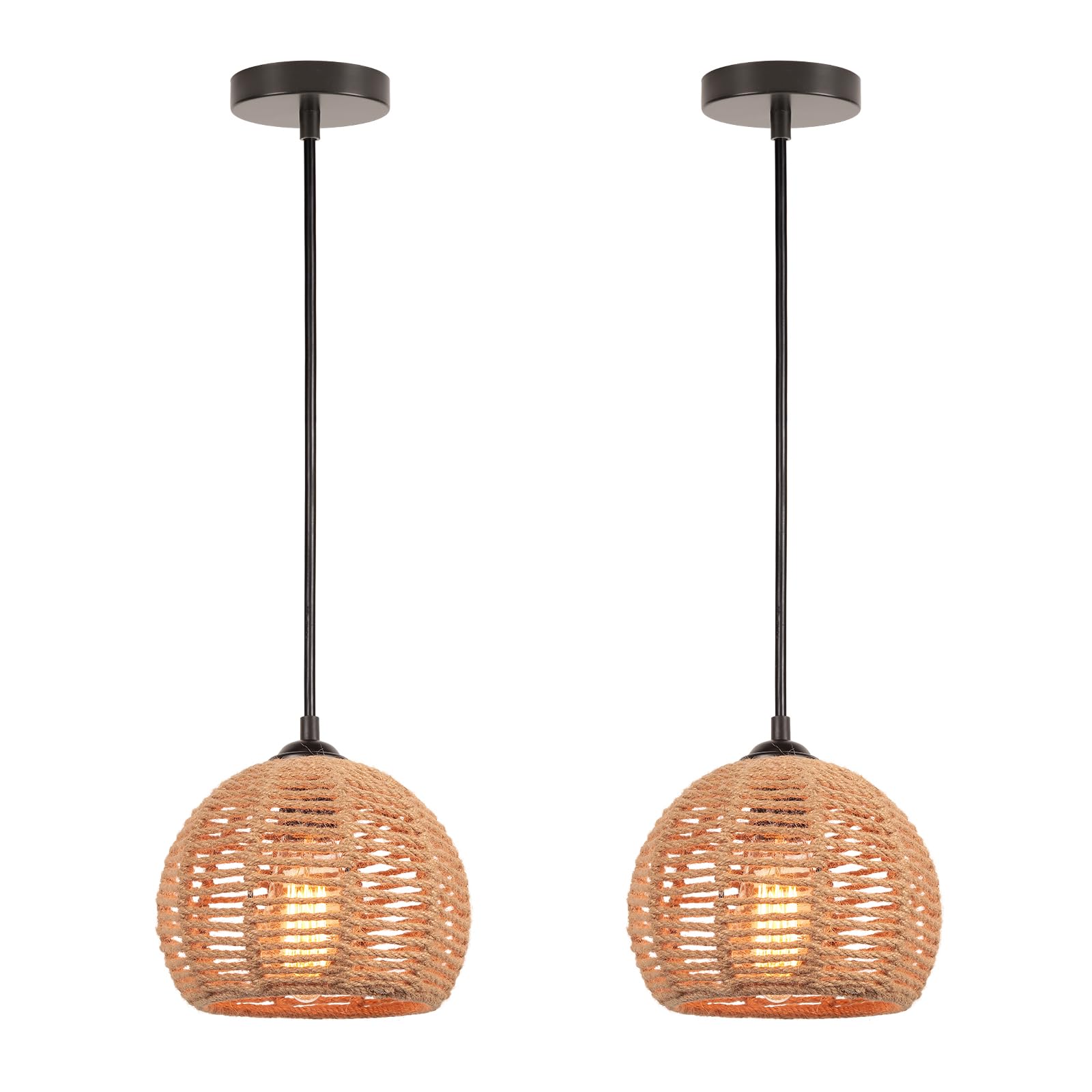2 Pezzi Lampada a Sospensione Rattan Vintage Boho E27 Retro Lampadario Ø20cm Paralume Gabbia Metallo e Corda di Canapa Plafoniera Illuminazione per Soggiorno Camera da letto Cucina