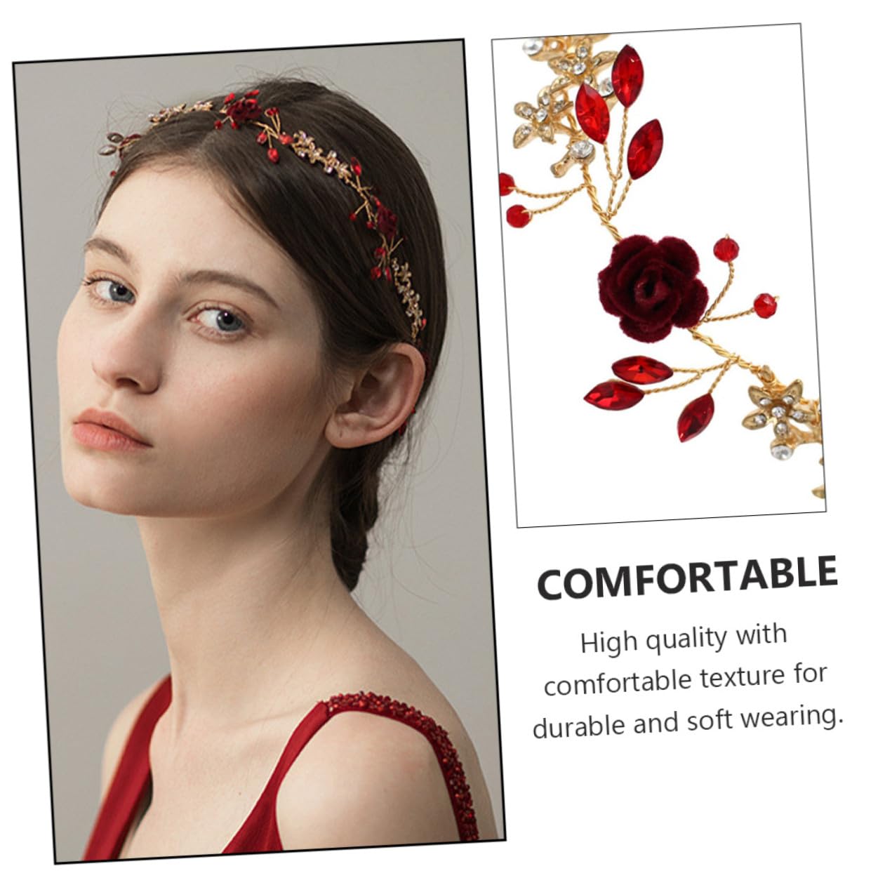 WOONEKY 1pieza Tocado Floral Delicado Para Novia Piedras Rojas Accesorio De Boda Para Fotografía De Fiesta y Estilo Chino