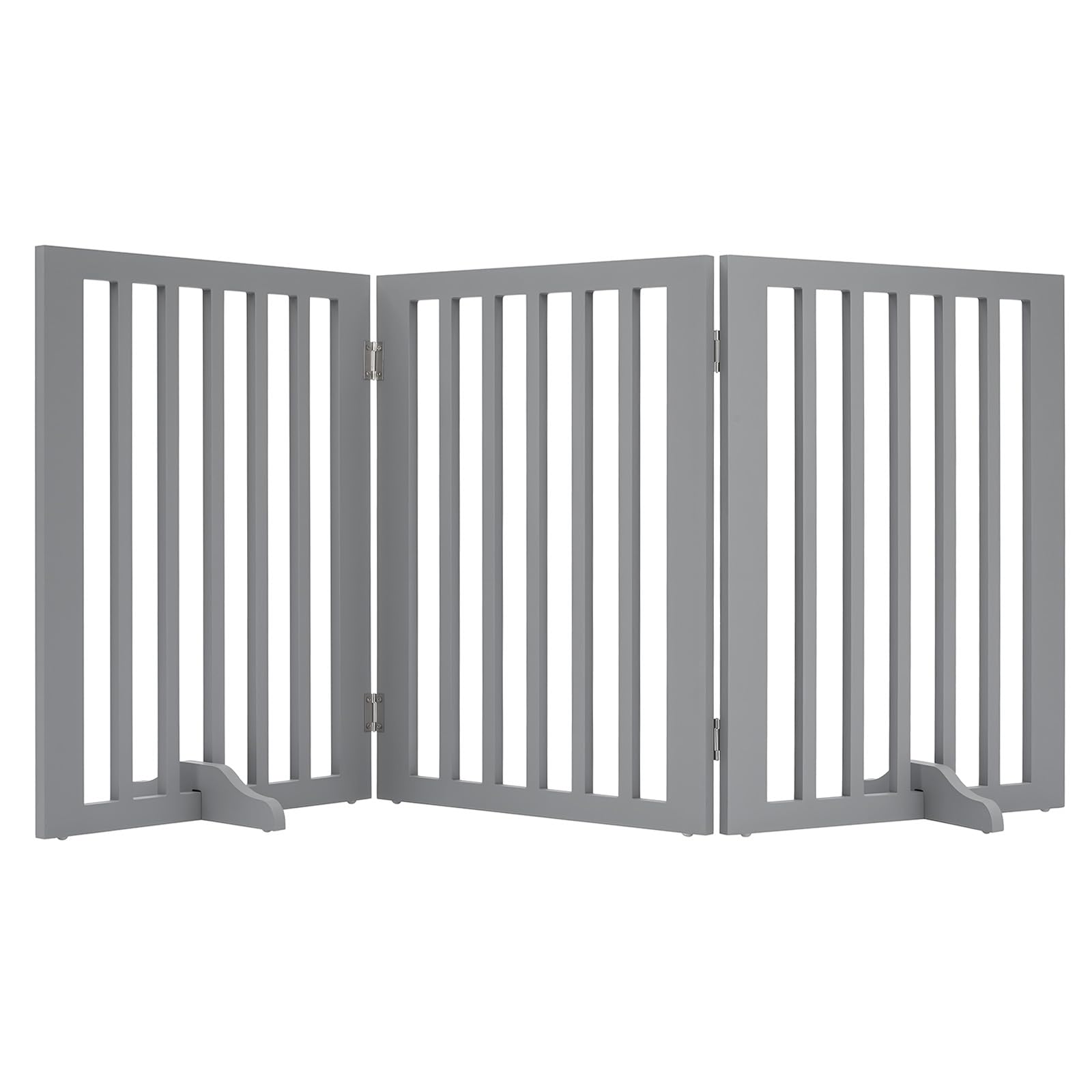 Wooden Freestanding Dog Gate for Stairs, Foldable 3 Panel Pet Barrier with 2 Support Feet, Indoor Safety Gate for Doorways, Hallways and Stairs, 140 W x 60.5 Hcm (Gray)