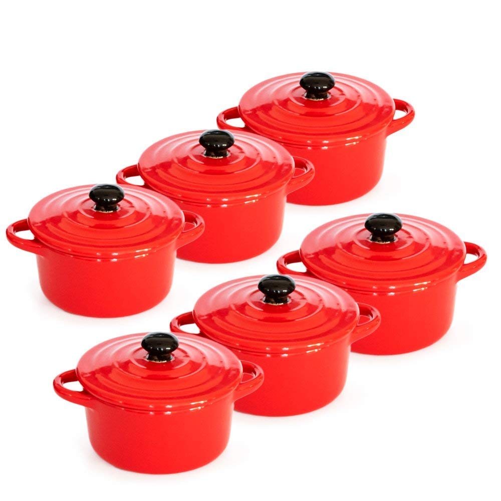 6 Mini Cocottes Céramique avec Double poignées et Couvercle Plat, Rond, Rouge