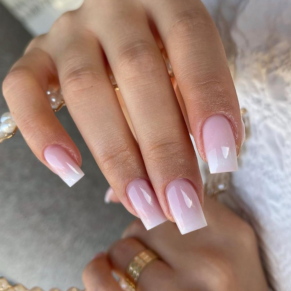 KQueenest Ombre Pink Press on Nails Short Medium Square, French Tip False Nails Short Coffin, Natural Solid Color Fake Nails Set, Reusable Gel Stick on Nail for Women Finger Daily Wear 24 Pcs - Image 3