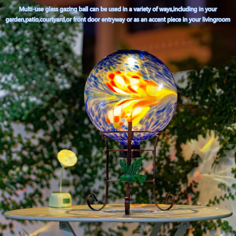 10" Diameter Solar Gazing Ball with 8.5" Hummingbird Metal Stand Indoor Outdoor Glass Globe Sphere Yard Ornament Solar Gazing Balls for Garden,Home,Lawn,Patio,Porch,Gift for Women(Blue)