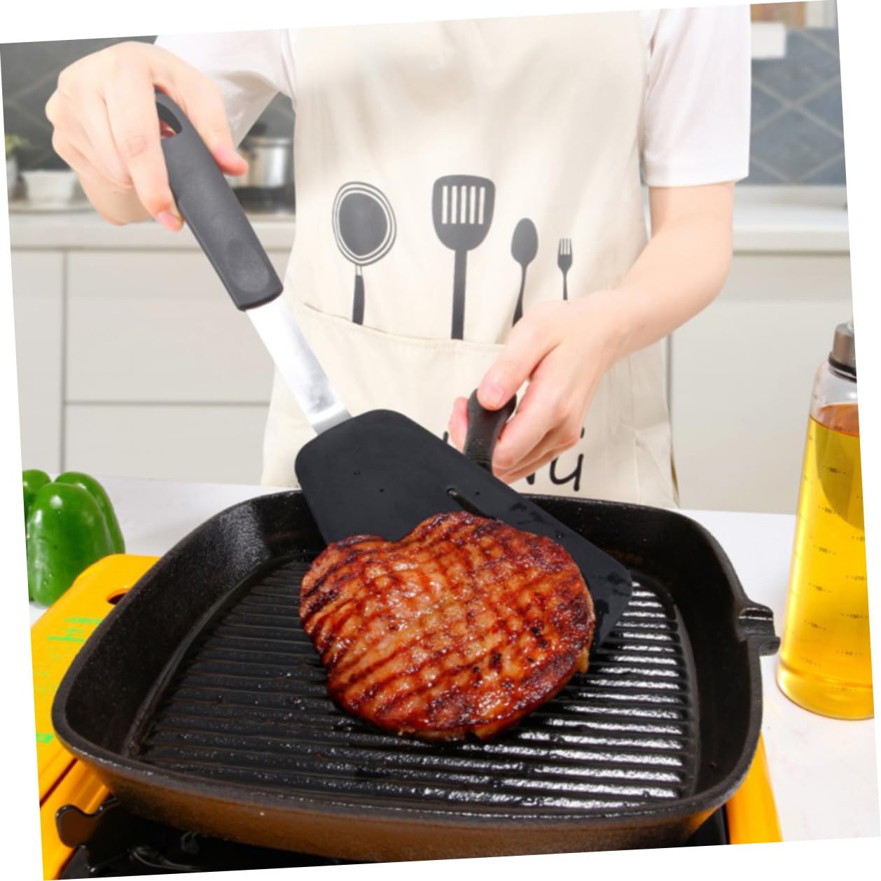 Hohopeti Juego de 3 Espátulas de Silicona Negras para Freír Huevos y Bistec, Utensilios de Cocina Antideslizantes Seguros para Restaurante y Hotel