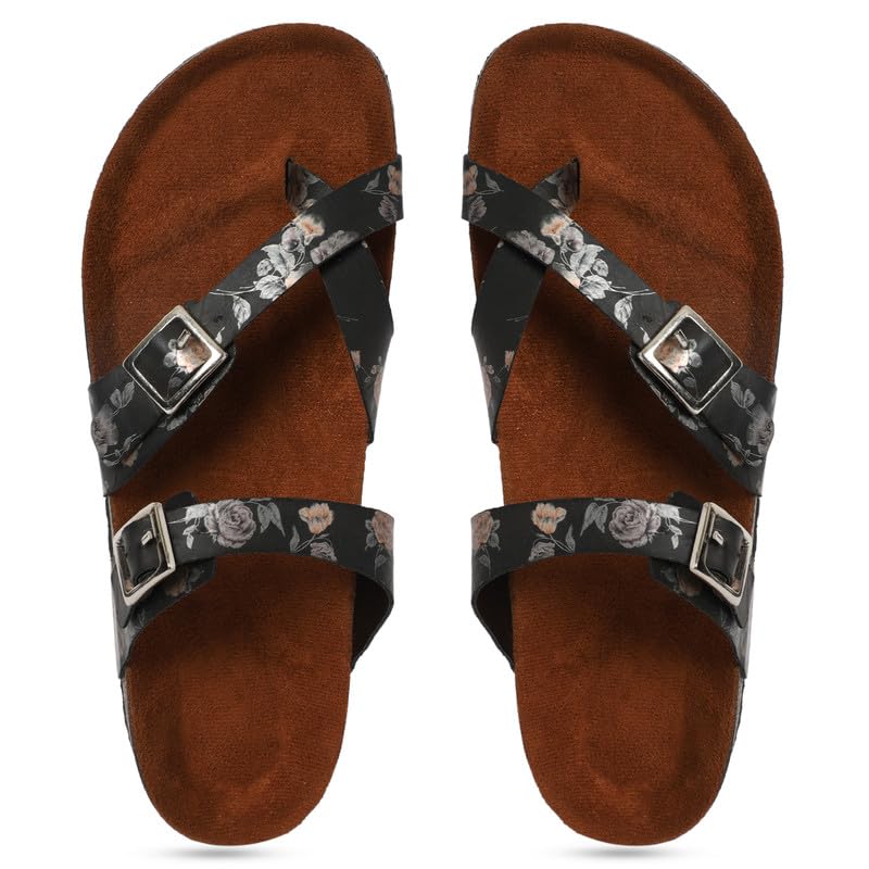 MOZAFIA Synthetic Leather Comfortable Stylish with Open-Toe Casual Compass Black Floral Printed Flat Sandals for Womens (B0CQCYT12C) Amazon Price History, Amazon Price Tracker