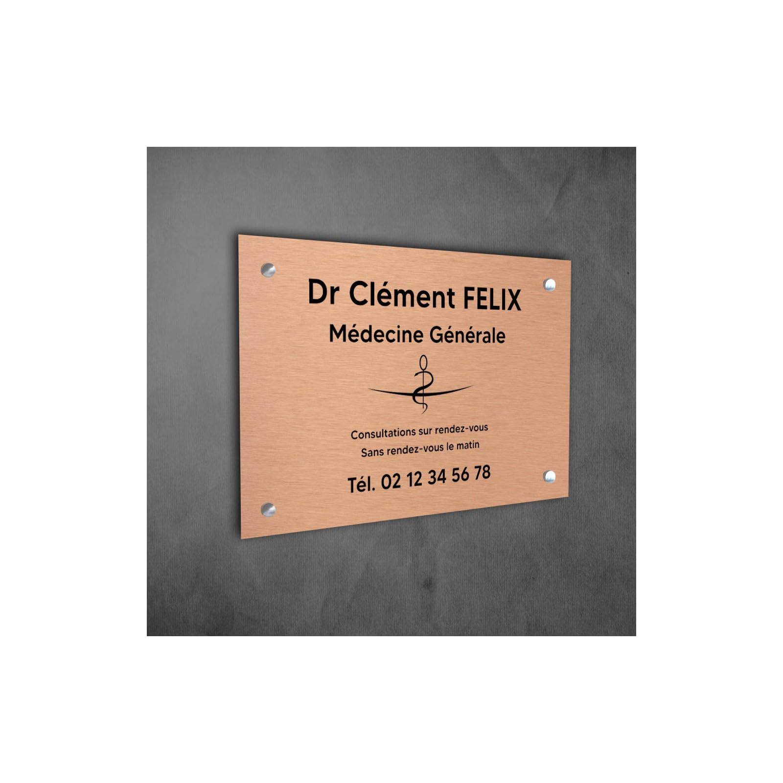 DECOHO - Plaque professionnelle personnalisée avec symbole en PVC pour médecin - Cuivre lettres noires Vis + chevilles + cache vis