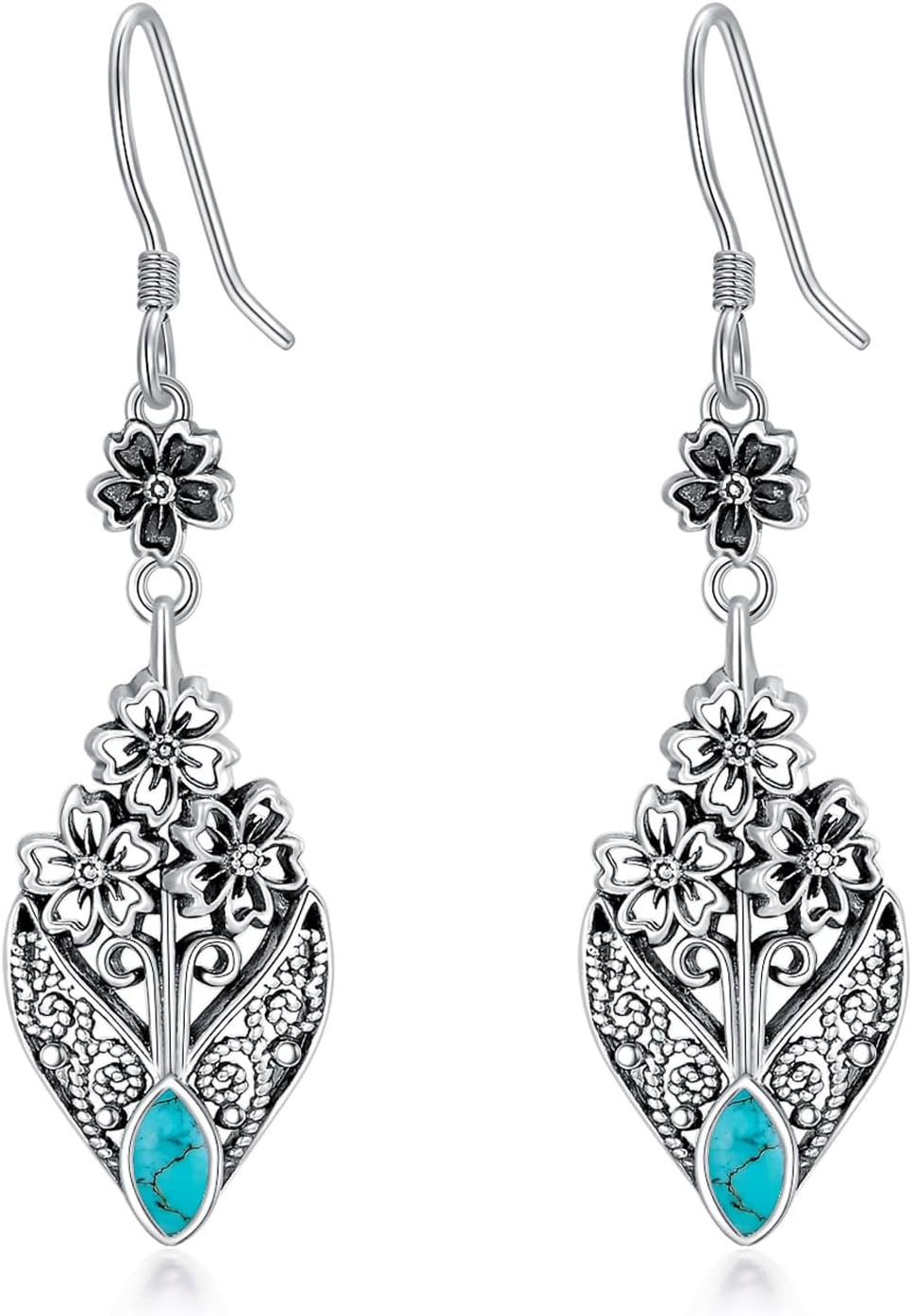 Vintage Floral Filigree Marquise Cut Gemstone Drop Earrings, 925 Sterling Silver Antique Dangle Earrings, Boho Jewelry Gift for Women