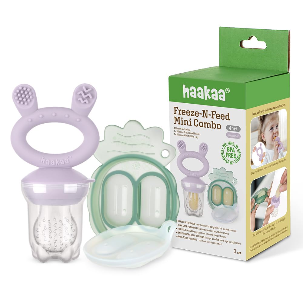 Haakaa Freeze-N-Feed Mini Combo with Silicone Food Feeder & Silicone Mini Nibble Tray|Baby Solid Food Self Feeder|Breastmilk Popsicle Mold Storage &