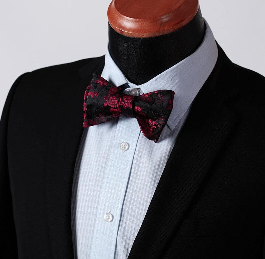 HISDERN Burgundy Bow Ties for Men Wedding Floral Self Tie Bow Tie Business Jacquard Woven Red Wine Black Bowties Formal Maroon Bowtie Handkerchief