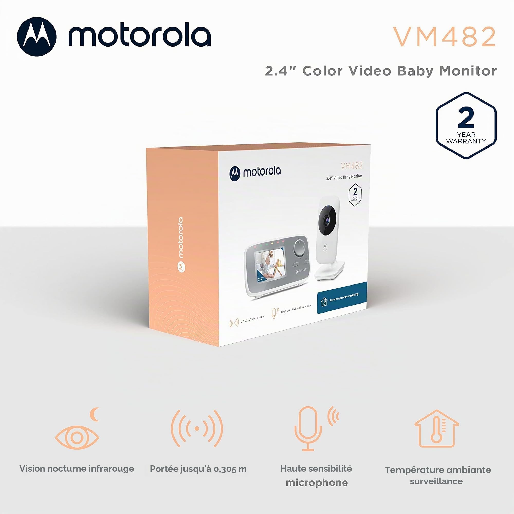 Motorola Nursery VM482 - Babyphone avec caméra - écran couleur 2,4 pouces - Vision Nocturne Infrarouge - Zoom Numérique - Température - Blanc
