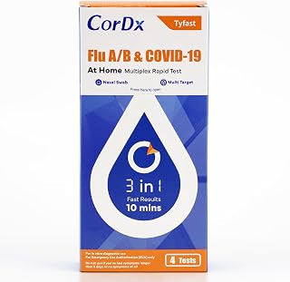 CorDx TyFast 3-in-1 Flu A/B & COVID-19 Home Test Kit - Fast 10-Min Results, Easy Nasal Swab, 4 Tests for Ages 2+