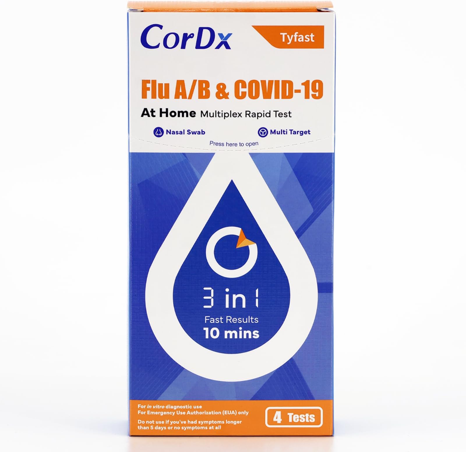 CorDx TyFast at Home Flu A/B & COVID-19 Multiplex Rapid Test Kit, Easy, Accurate, Fast Results in 10 Minutes, 3 in 1 Combo Kit, 4 Tests