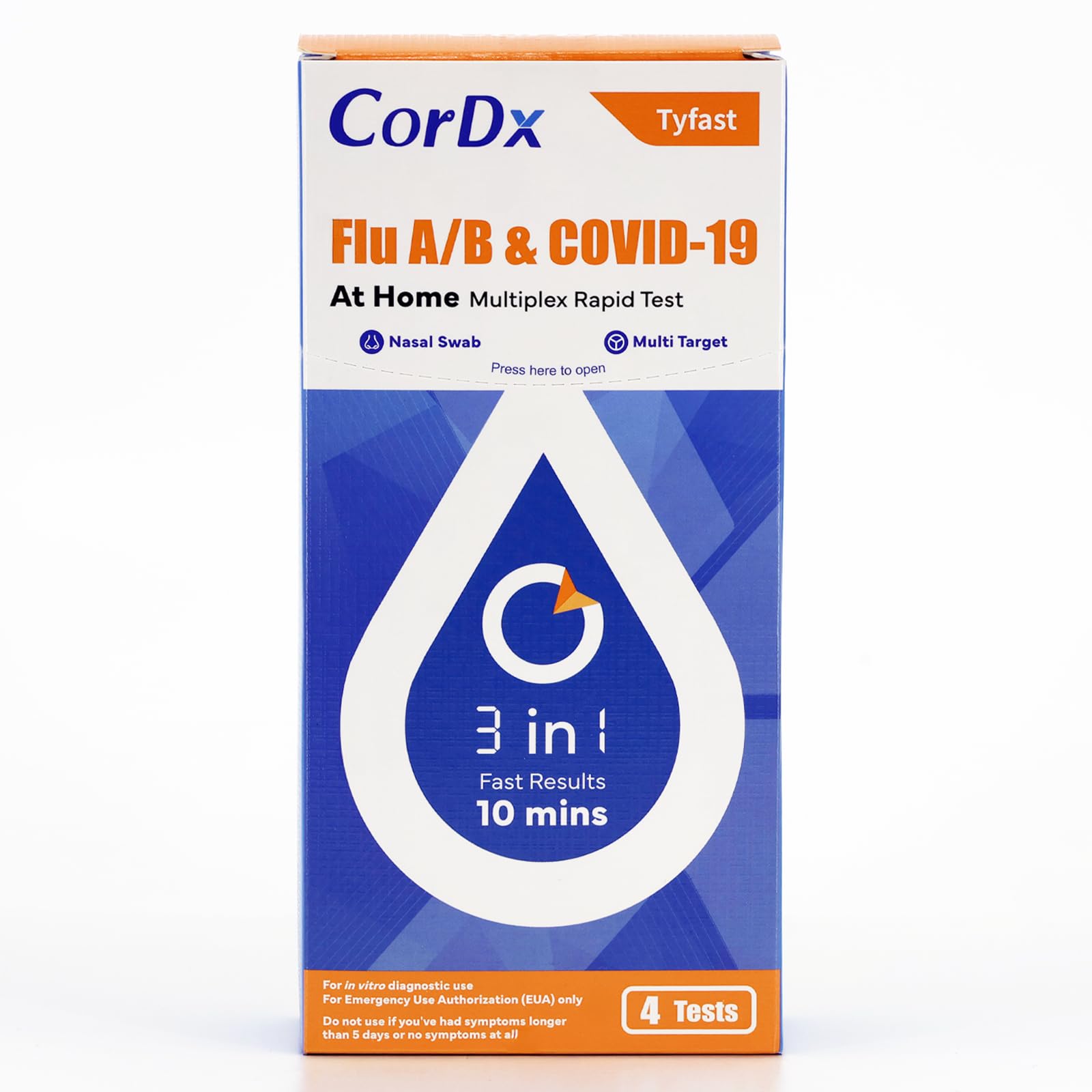 CorDx TyFast at Home Flu A/B & COVID-19 Multiplex Rapid Test Kit, Easy, Accurate, Fast Results in 10 Minutes, 3 in 1 Combo Kit, 4 Tests