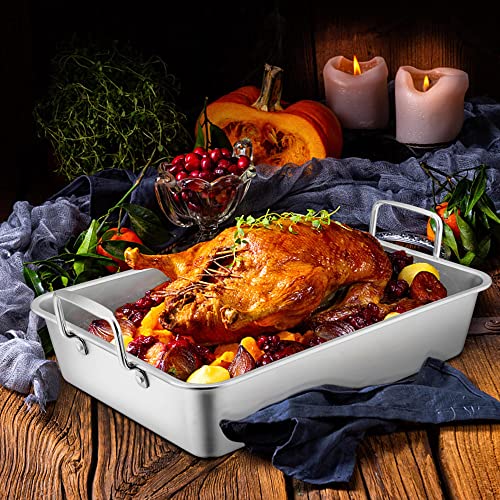 Leonyo Roasting Pan With V-Shaped Rack, Stainless Steel Rectangular 16” Turkey Roaster Pan With Handles For Chicken Lasagna Vegetables Brownie, Non-Stick Roasting Rack, Heavy Duty Dishwasher Safe #TOP5