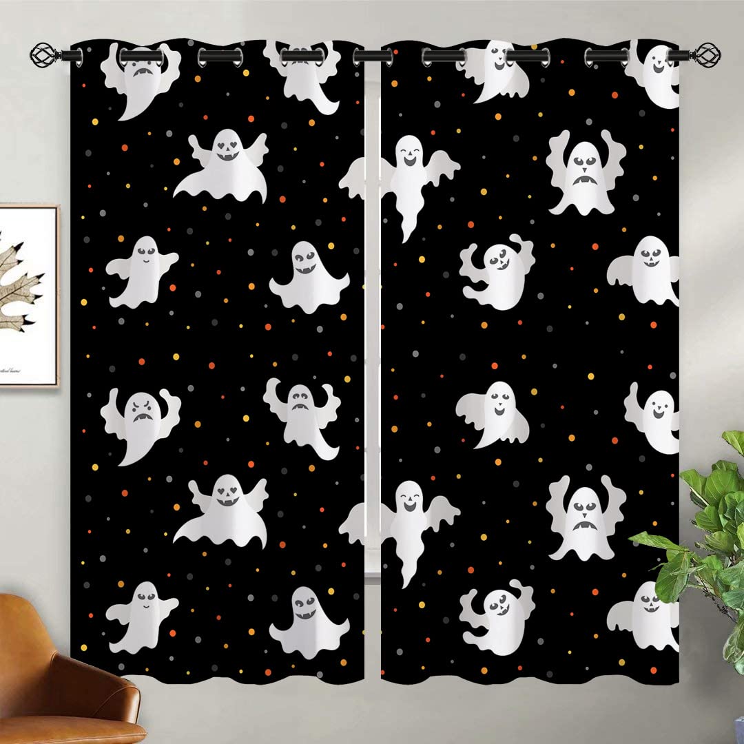 ONINUO Ghosts Blackout Curtains for Girls Boy Home Decor, Halloween Spooky Spooky Cute Funny Cartoon Grommet Thermal Insulated Drapes Darkening Window Curtain for Bedroom Living Room, 63 x 63 Inch