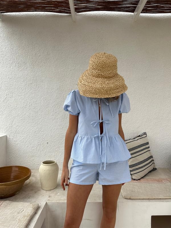 Image of Thopavenoir Women 2 Piece Casual Lounge Sets Y2k Puff Sleeve Peplum Shirt Tie Front Tee Shirt Shorts 2pcs Pajamas Sets