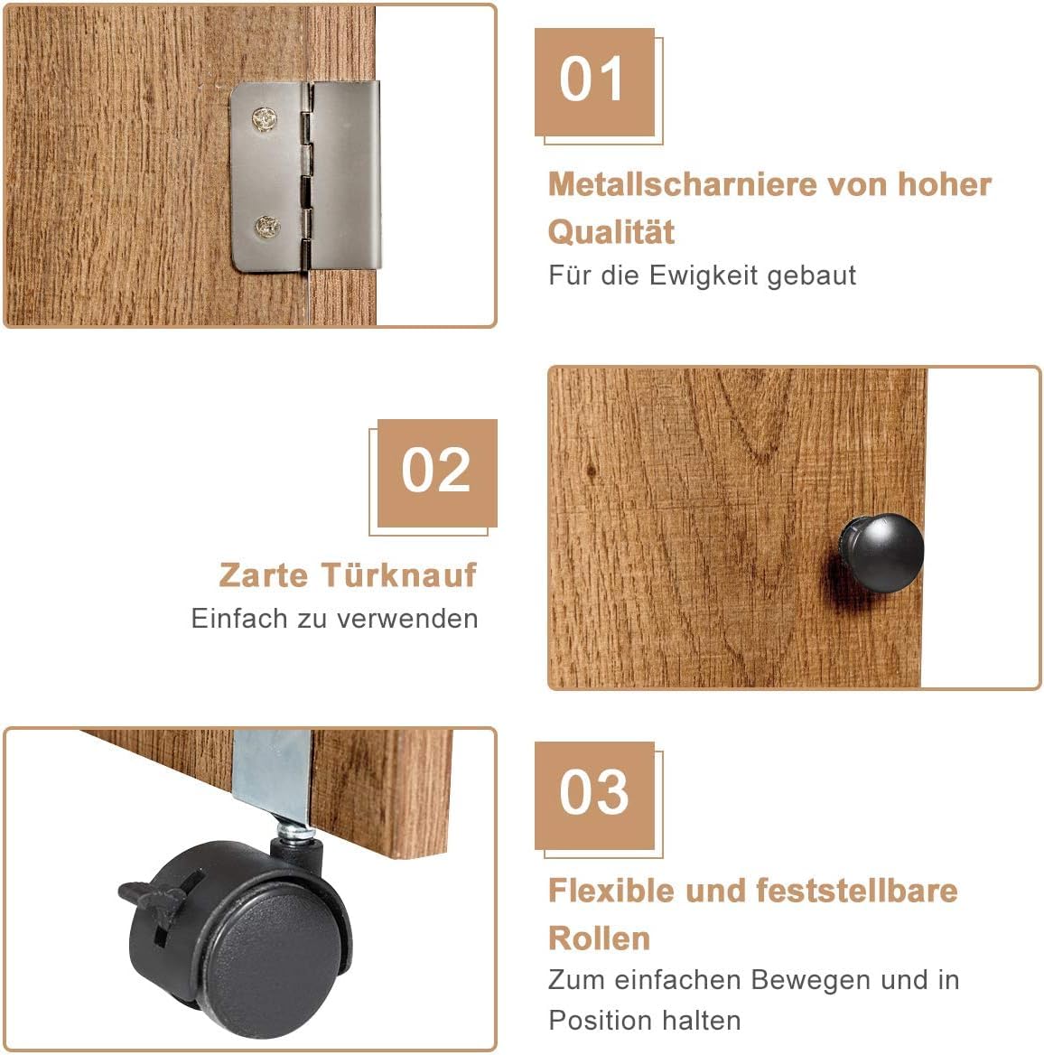 FANTASK Armario de Costura y Escritorio Plegable de Madera, Mesa de Costura Natural con 3 estantes para bobinas, Mesa de Costura para salón y Dormitorio con Ruedas bloqueables
