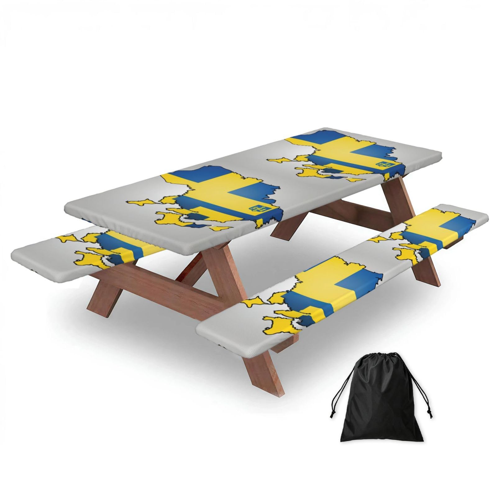 Duwaa Black Ukraine Flag Map02 Print 183Cm Picnic Table Cover With Bench Covers, Waterproof Elastic Tablecloth Set For Outdoor