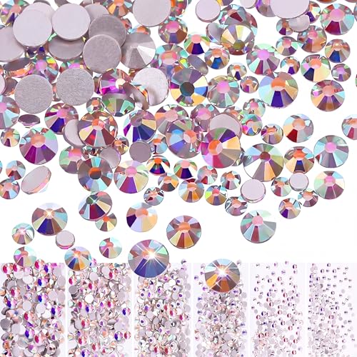 Bememo 3456 Pcs Crystals Diamond Rhinestones AB Clear Flat Back Round Gems Flatback Glass Mixed Size Crystals Gems for Crafts Clothes Shoes Makeup Bags Decor 6 Sizes(Iridescent)