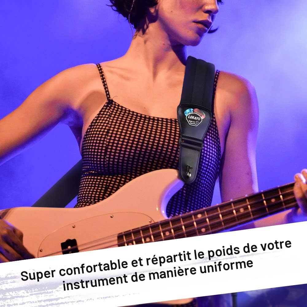 LEKATO Sangle de guitare rembourrée en mousse à mémoire avec extrémités en cuir véritable sangle réglable avec une longueur de 37 "à 47" pour guitares électriques basses