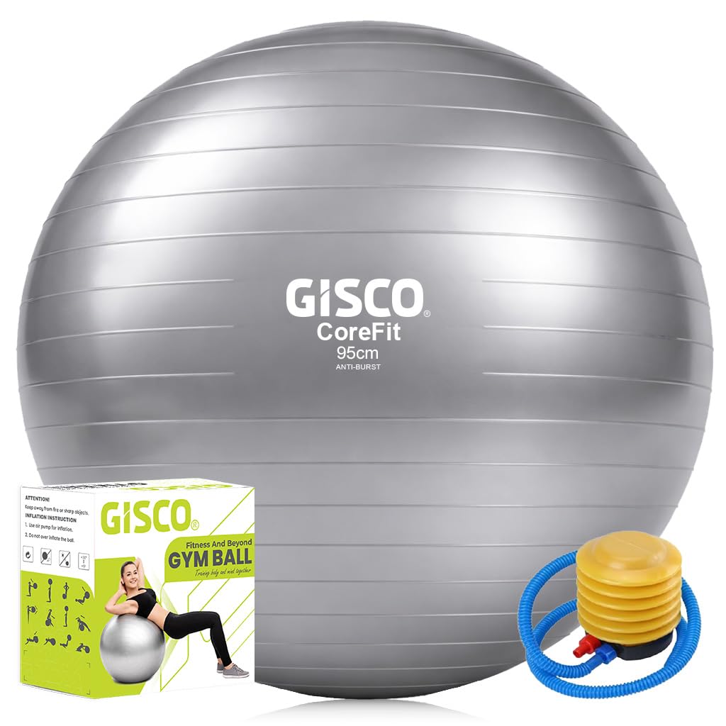 GISCO Anti-Burst Rubber Gym Ball with Free Foot Pump (1 Piece) | Round Shape Swiss Ball for Exercise, Workout, Yoga, Pregnancy, Birthing, Balance & Stability (95 Cm, Grey)-image-28