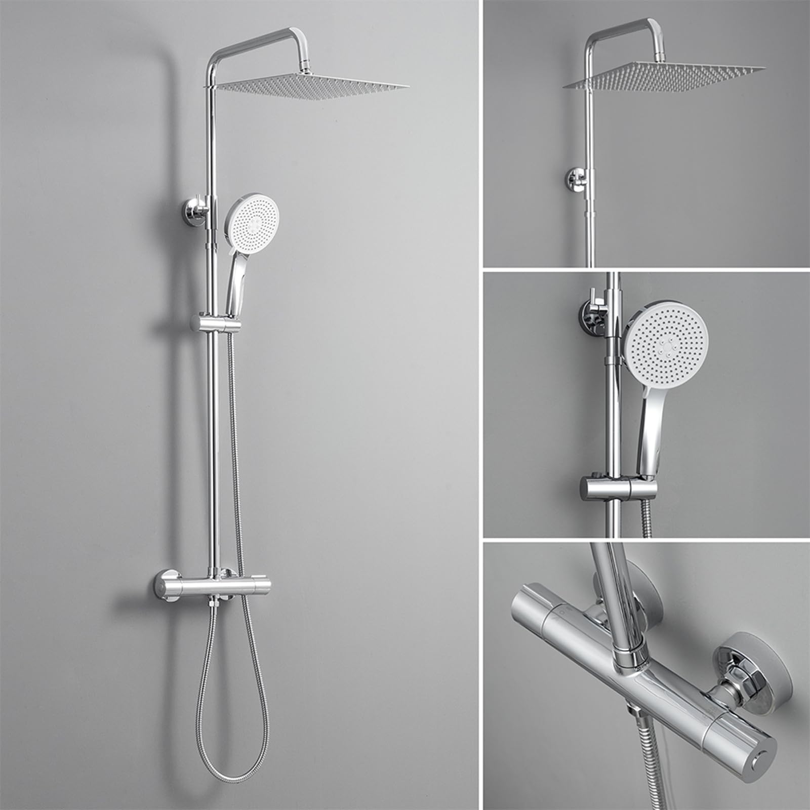 DERW Thermostatic Shower Mixer Set - 12" Square Mirror Ultra-Thin Rainfall Head, 5-Mode Round Handheld Shower, Solid Brass Thermostatic Mixer, 124cm Shower Riser Rail, Fit for UK Bathrooms (Chrome)