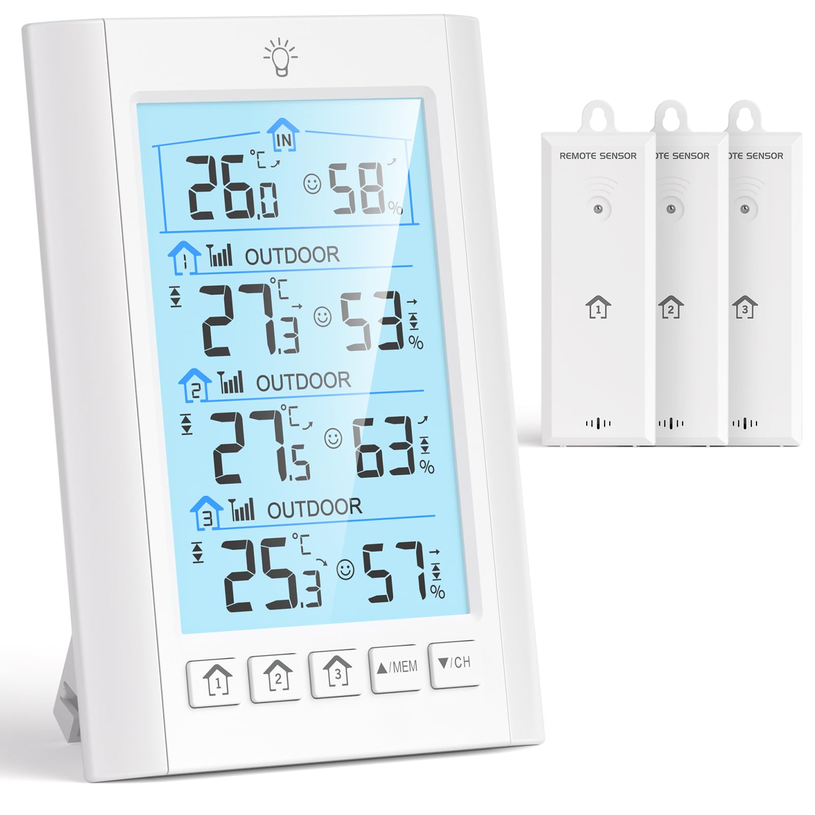 LIORQUE Indoor Outdoor Thermometer Wireless with 3 Remote Sensor 4.5 Inch Display Temperature and Humidity Monitor Digital Thermometer Hygrometer for 330FT Range