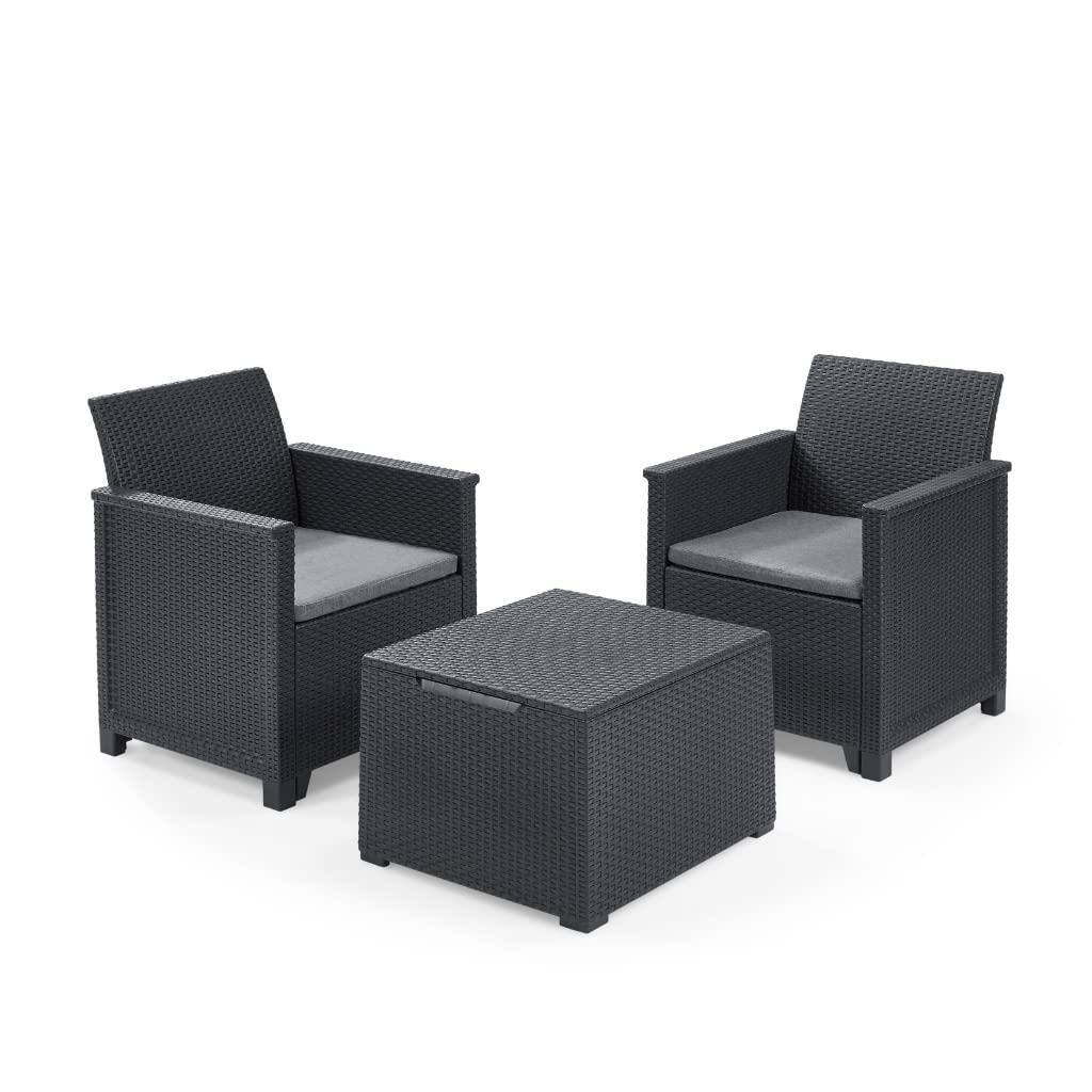 Keter Emma Balcony Set - Mobile da esterno composto da due poltrone con cuscini e tavolino contenitore, grafite
