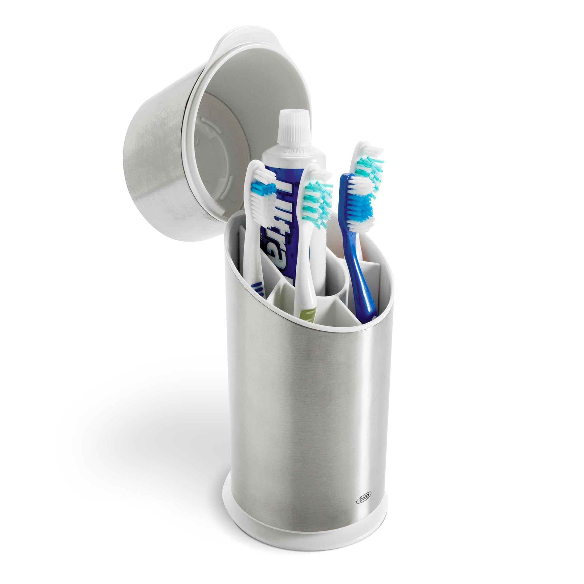 OXO Good Grips Stainless Steel Toothbrush Organizer, Bathroom Organizer and Storage, Toothbrush Holder for Countertop, Sleek Modern Bathroom Accessories