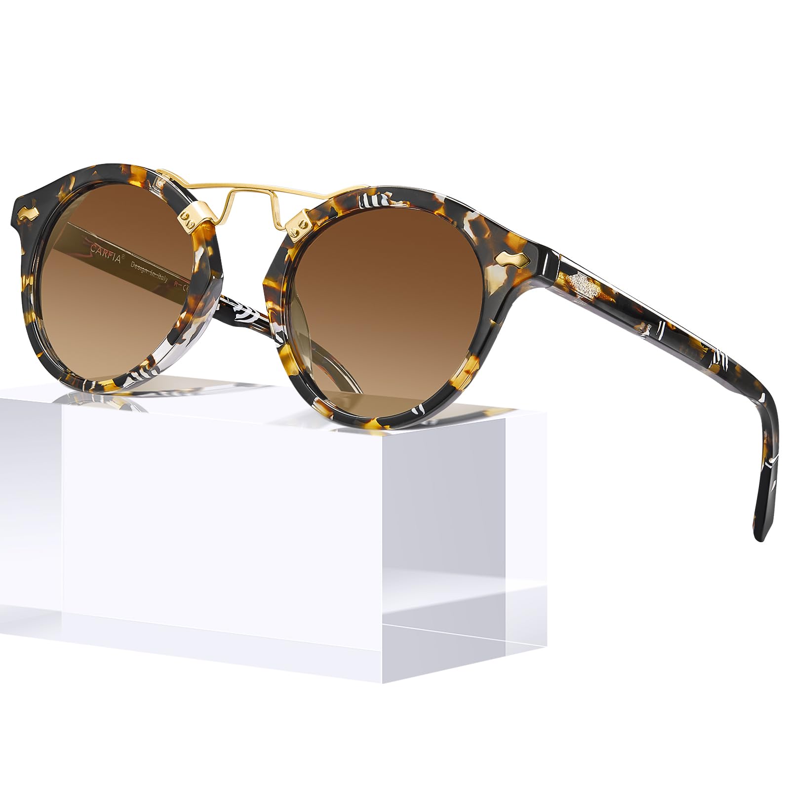 CARFIA Small Face Double Bridge Acetate Polarized Round Womens Sunglasses | Retro Metal Bridge Designer Style, UV400 protection, Non-Fading Frame. Perfect for driving, beach, golf, daily and gifts.