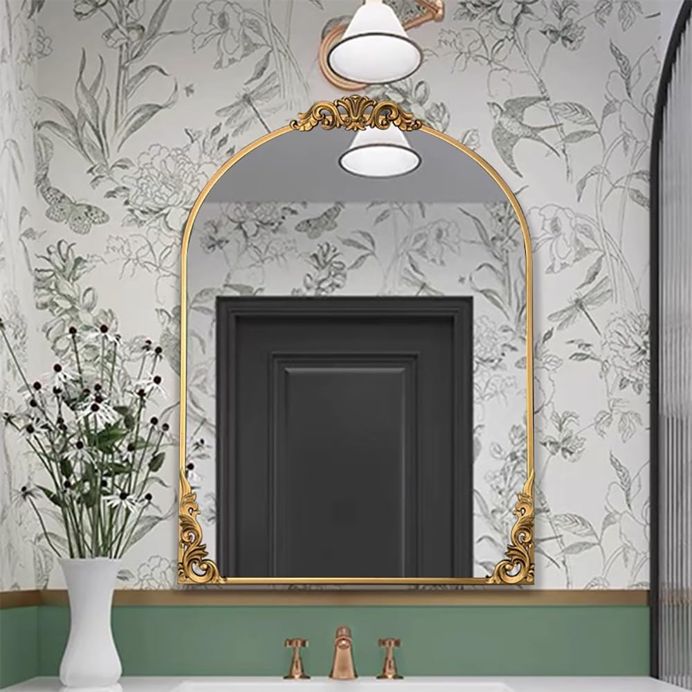 SXFSDOU Arched Decorative Mirror, Ornate Bathroom 24 * 31IN Wall Mirror with MDF Framed, Baroque Style Vanity for Home Decor(24 31IN)