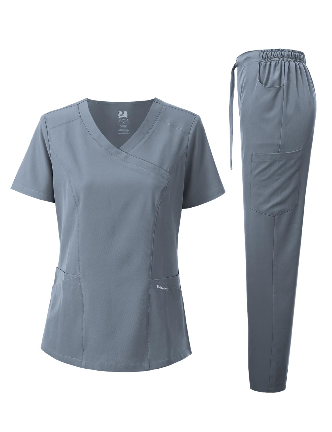 Dagacci Medical Uniform Womens Scrub Set 4-Way Stretch Y-Neck Stitch Tape Top and Pants