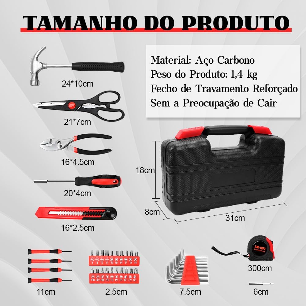 O fundo é de um padrão suave e claro, que destaca as ferramentas e a caixa. O fundo é de um padrão suave e claro, que destaca as ferramentas e a caixa.