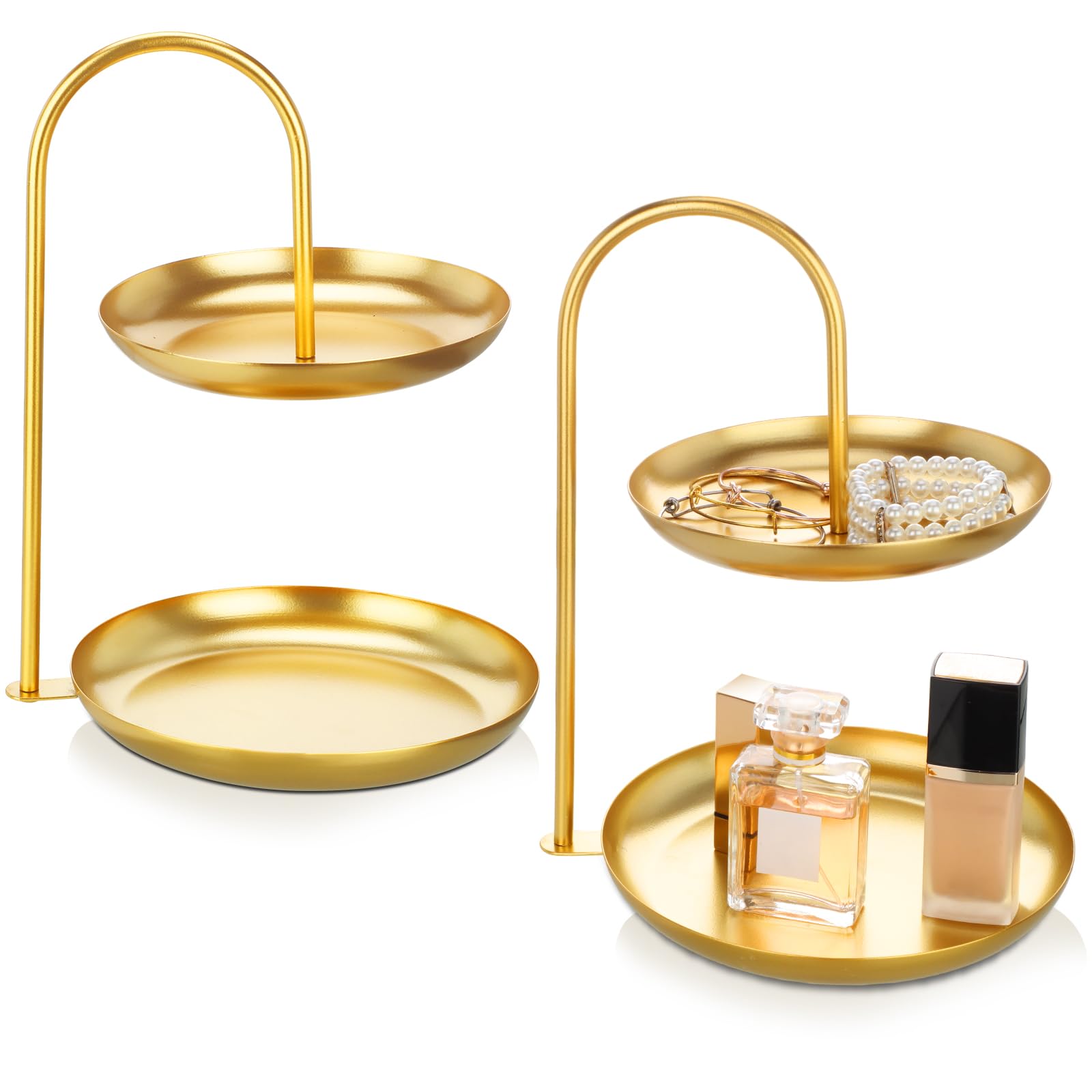 Maxcheck 2 Pcs Necklace Display Stand 2 Tier Jewelry Holder Tabletop Jewelry Organizer Tower with Round Storage Tray Organizer Tower for Bracelets Necklaces Earrings Makeups(Gold)