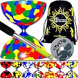 The Jester ist ein mittelgroßer diabolo von European Juggling Company - Juggle Traum. The Jester ist geeignet für Anfänger bis fortgeschrittene Spieler jeden Alters und es hat mehrere Design-Merkmale, die es sich von anderen Modellen in dieser Klasse zu machen. Diabolo ist speziell so ausgewuchtet, dass die meisten, ihr Gewicht wird in den Rändern konzentriert. Dies ermöglicht ein Maximum an Stabilität, ohne dass es zu schwer für jüngere Kinder. Hell, Bunt, Muster Tasse können Sie die Geschwindigkeit des diabolo messen. Das bedeutet, man kann leicht sehen, wie viel Zeit Sie Tricks, bevor von Spin läuft abzuschließen. Bei 6mm breit, die Narren Achse die breiteste aller mittelständischen fix Achse Diabolo. Dies macht es ideal für Stick & Finger mahlt. Produziert in harten Gummi, werden die Jesters solide Konstruktion und flexible kratzfeste Tassen Tropfen behandeln von selbst die höchsten Würfe. * Spec: Gewicht: 205 g, Topfdurchmesser: 100 mm, Breite: 115 mm