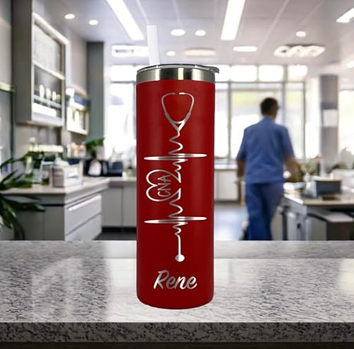 Miniatura 3 de Heartbeat Nurse's Personalized Laser Engraved 20 oz Stainless Steel Skinny Tumbler with Custom Stethoscope by Avito - Includes Straw and Lid - Nurse