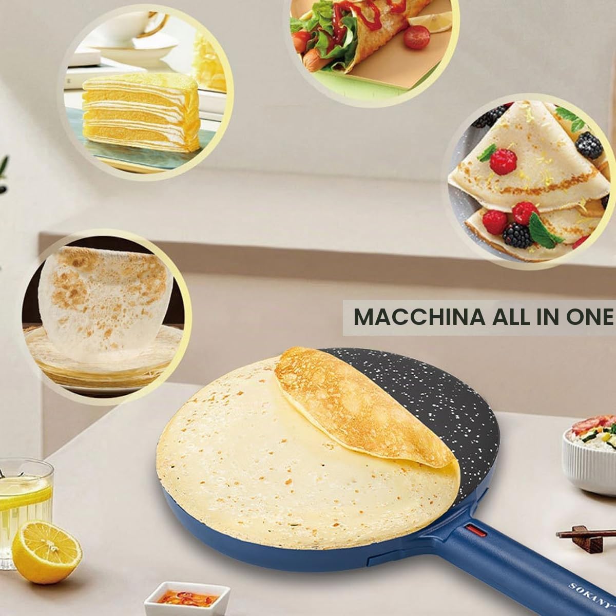 SOKANY SK-07057 Crepiera elettrica con Manico - Crepes Maker, Crêpes Maker Antiaderente, Temperatura automatica, Diametro 20 cm, Piastra Crepes Macchina Portatile