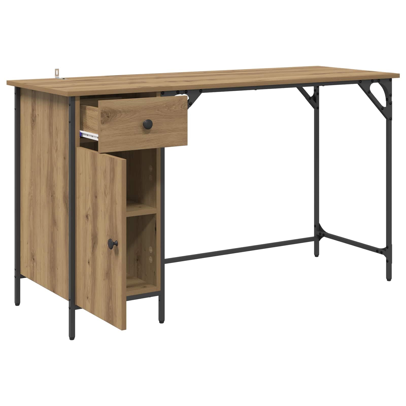 Scrivania per computer in rovere Artisan, 131 x 48 x 75 cm, in legno con cassetto, vano portaoggetti, per casa, ufficio, gaming, postazione di lavoro, ergonomica e salvaspazio