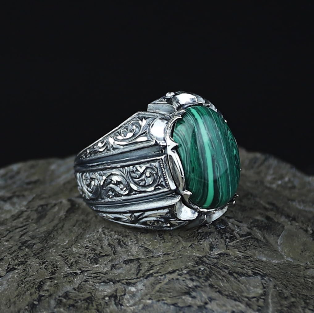 Men Handmade Silver Malachite Ottoman Style Ring, Hand-Engraved Turkish Handmade Men Ring, Gift For Men