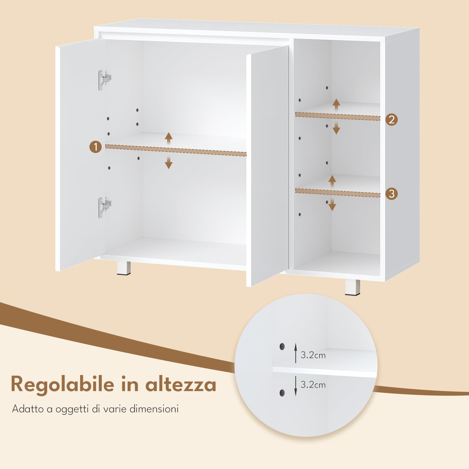 BEWISHOME Mobile da Bagno con 2 Ante e 3 Vani Aperti,35 x 100 x 80 cm | Armadietto Autoportante con Ripiani Regolabili,Ampio Spazio di Archiviazione,per Bagno,Soggiorno,Ingresso,Cucina,Bianco