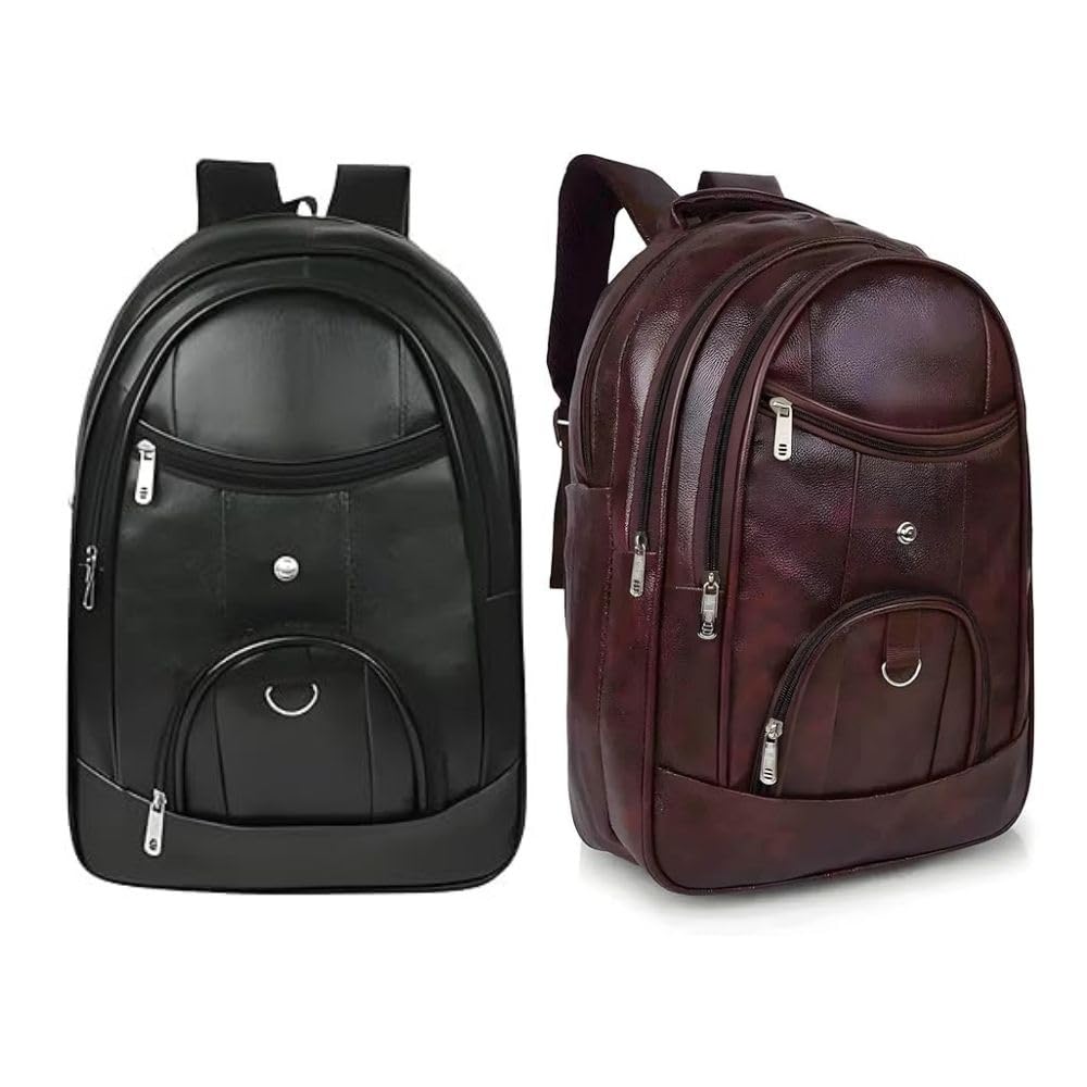 Faux Leather Backpack Combo for Men & Women (Midnight Black & Vintage Walnut Brown) | Waterproof Laptop Bags with Multiple Compartments | Office, College & Travel Durable Daypacks-image-47