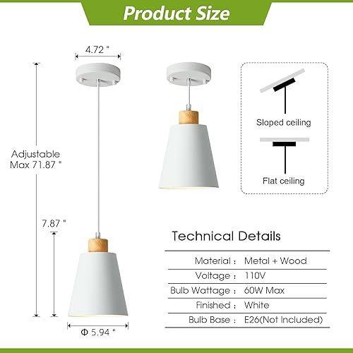 Miniatura 3 de Mini lámparas colgantes de madera blanca para isla de cocina, cono de 7.87 pulgadas, luces colgantes de techo modernas, sombra hueca, luz de isla